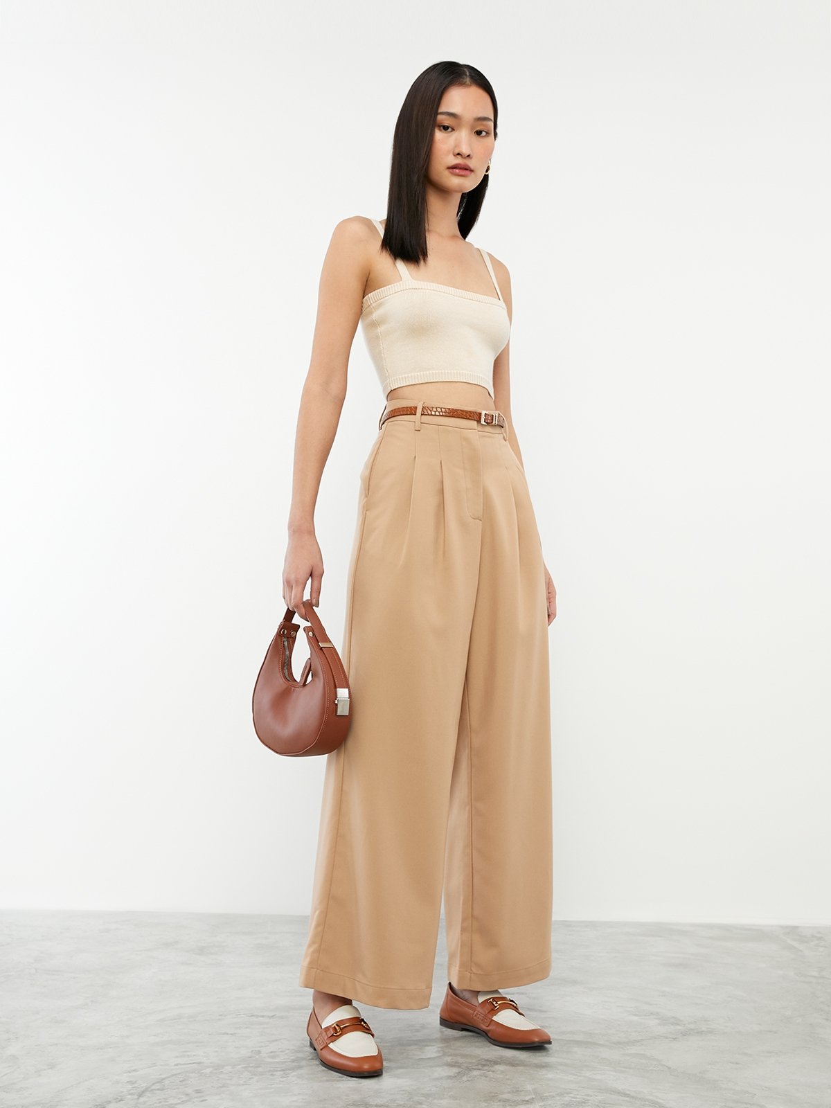 Semi Pleated High Waist Wide Leg Pants Caramel