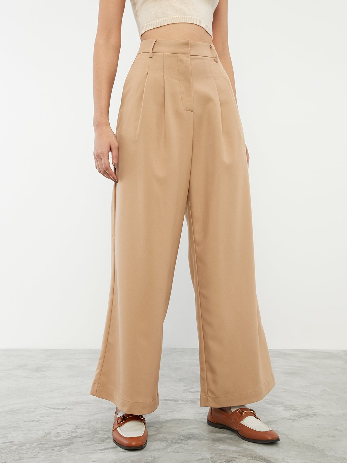 Semi Pleated High Waist Wide Leg Pants Caramel Pomelo Fashion