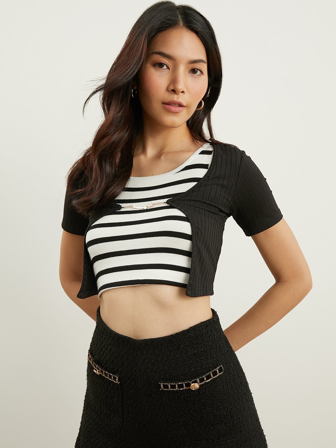 Short Sleeve Crop Cardigan - Black - Pomelo Fashion