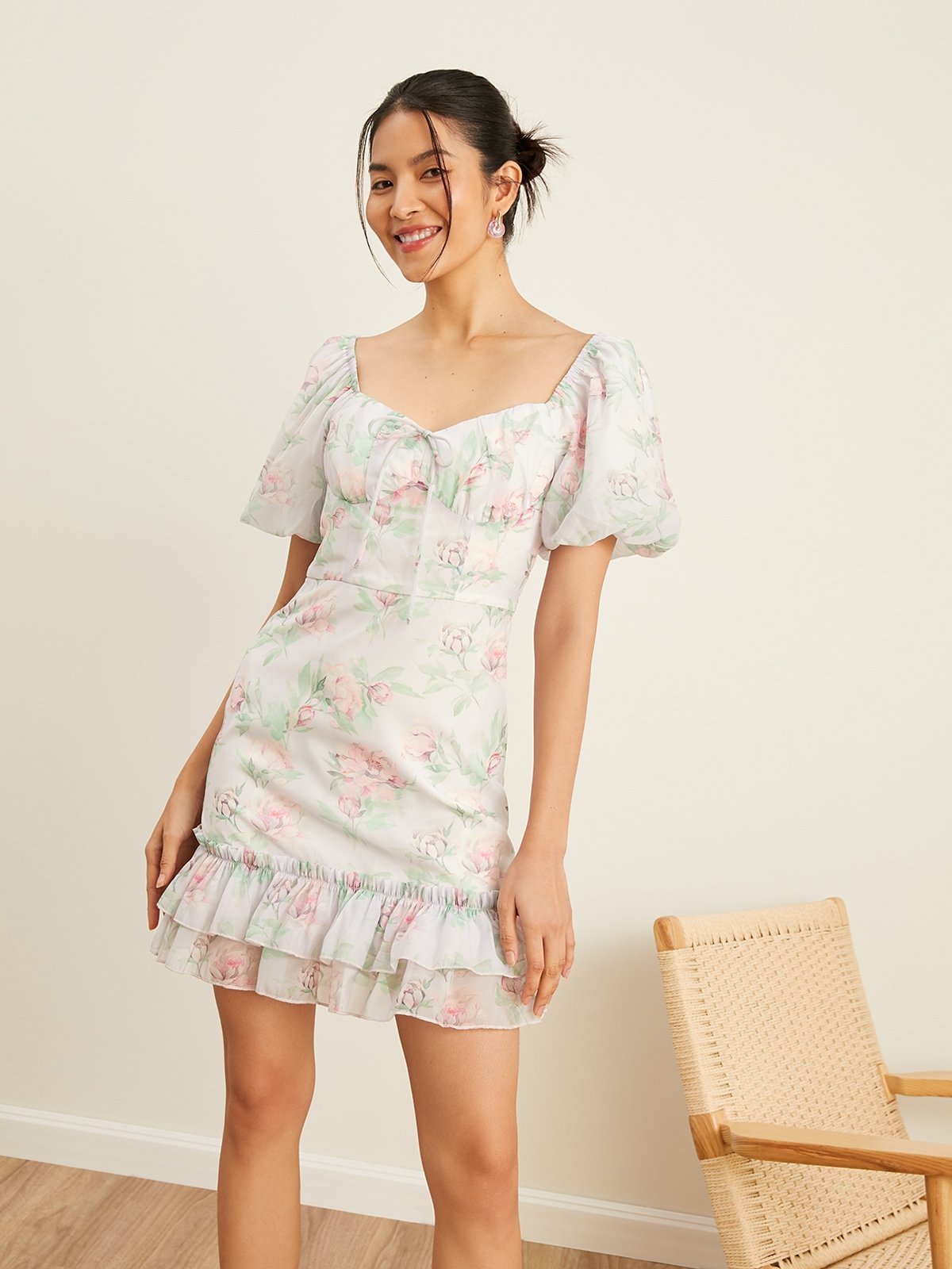 Sustainable Floral Puffed Sleeves Mini Dress Purple Pomelo Fashion