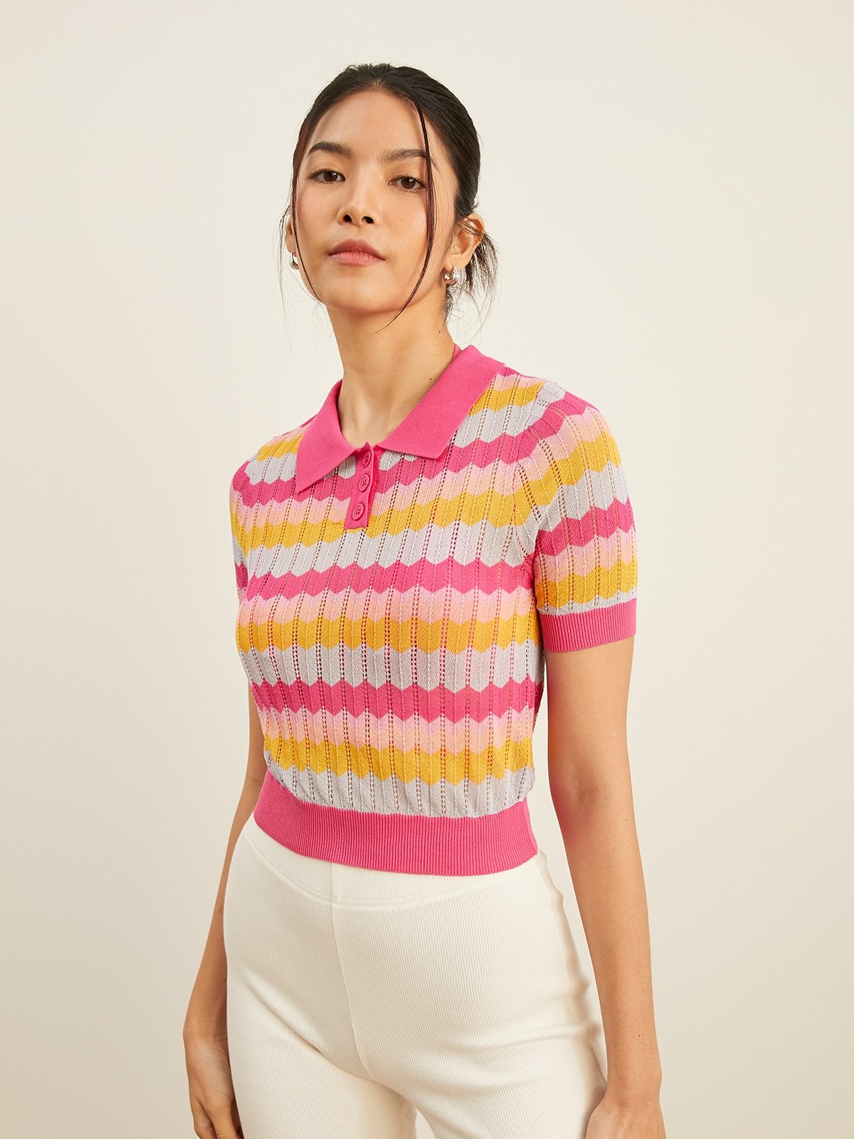 Collared Pattern Knit Top - Multi Color - Pomelo Fashion