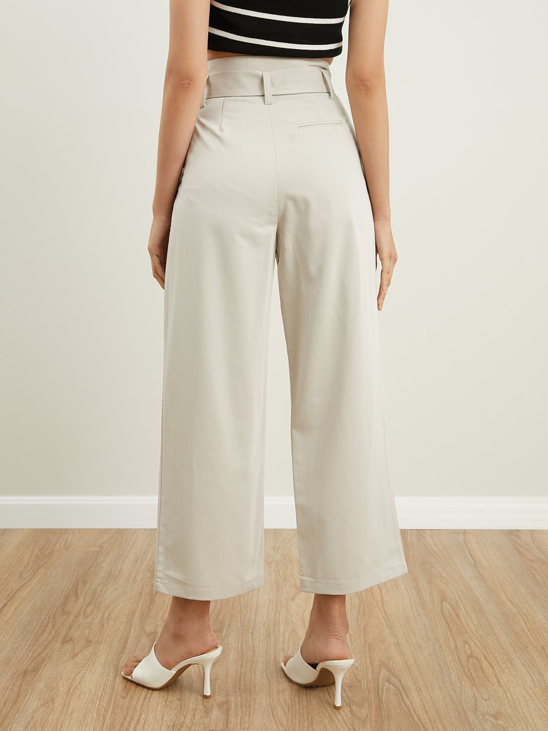 High Waisted Pants - Beige - Pomelo Fashion