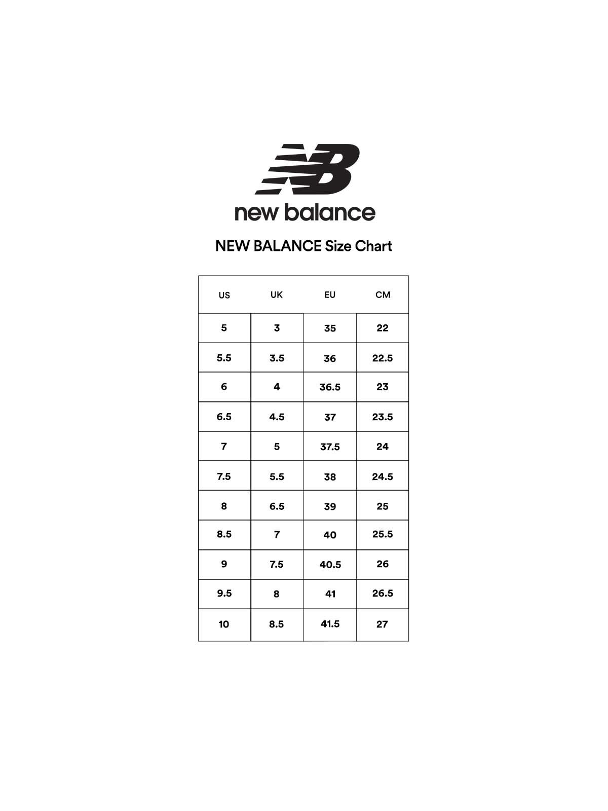 New balance numeric size chart sales