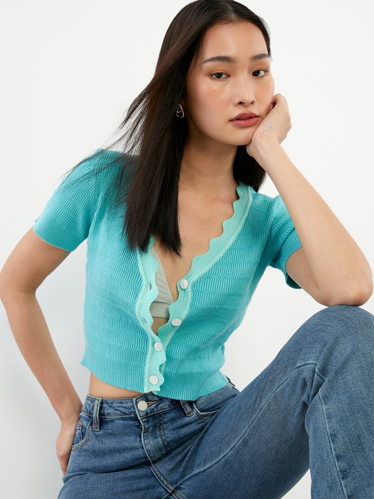 VNeck with Wavy Details Crop Top Blue Pomelo Fashion