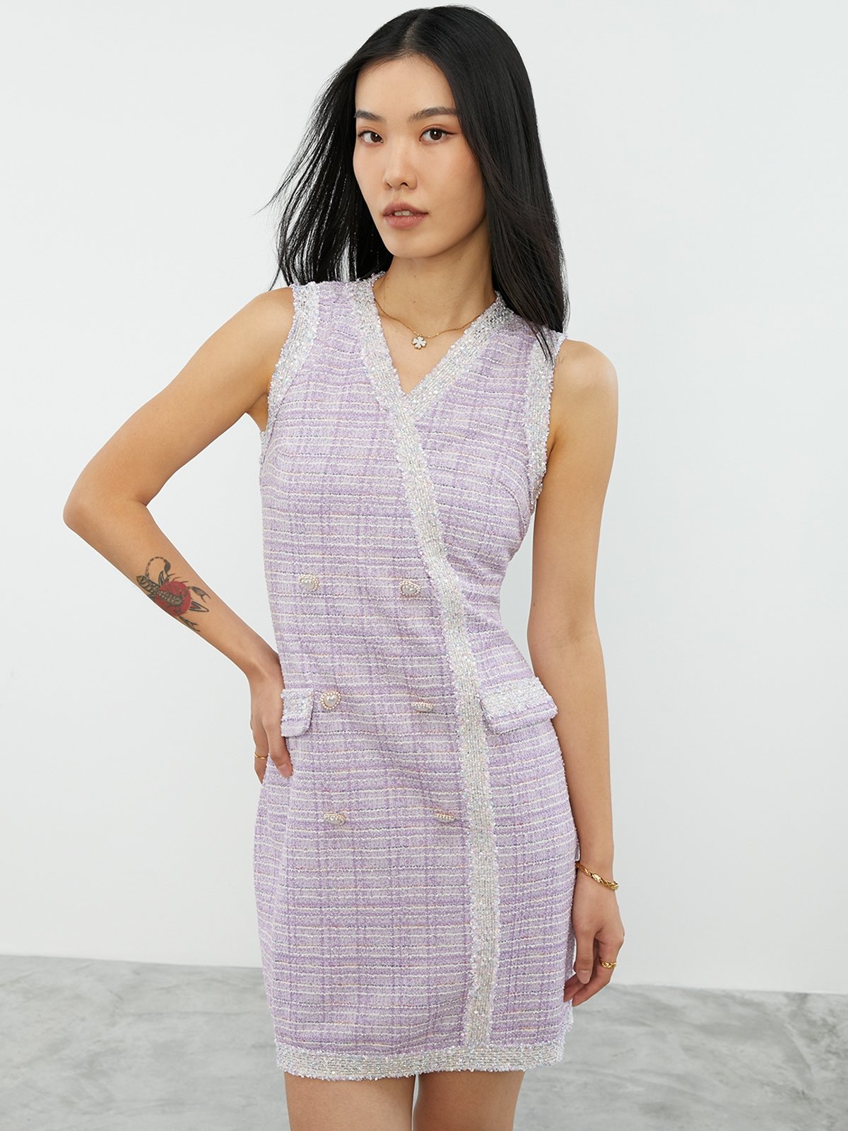 Button Detailed Mini Dress Purple Pomelo Fashion