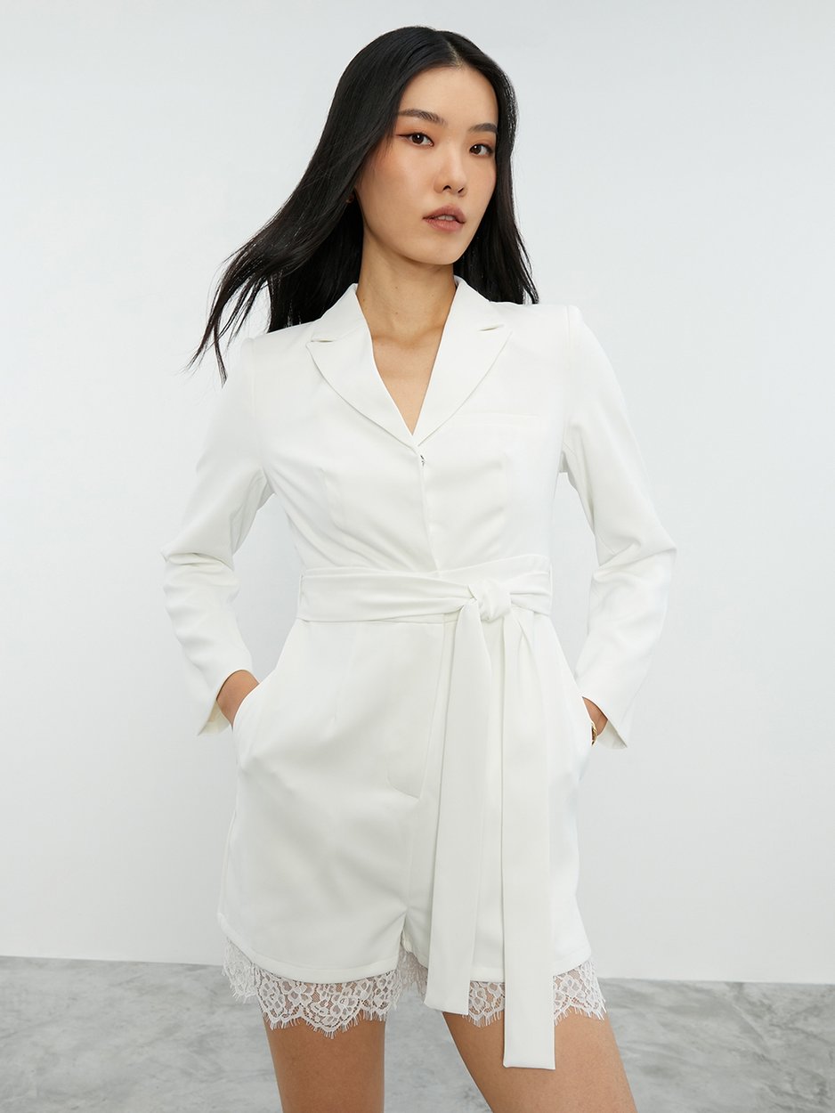 Belted Long Sleeve Romper White Pomelo Fashion