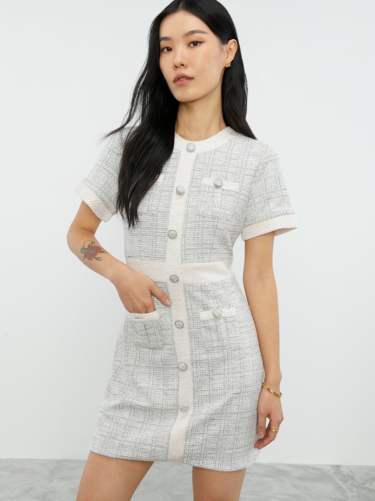 Four Pocket Short Sleeve Mini Dress Light Grey Pomelo Fashion