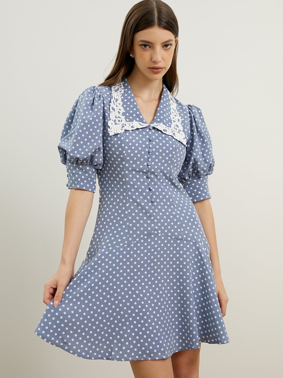 Mini Triangle Collar Dotted Dress - Blue