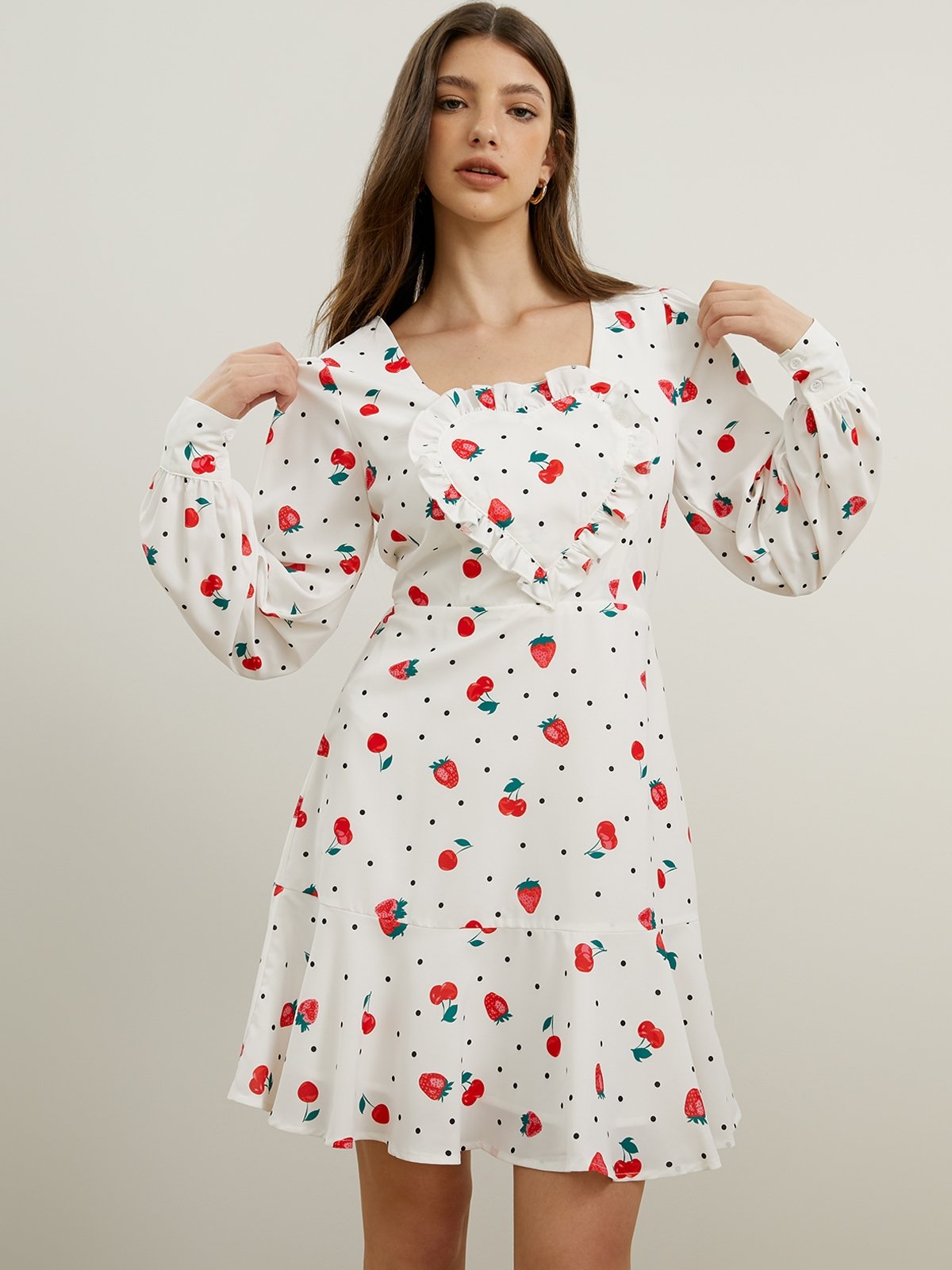 Mini Playful Fruit and Dotted Long Sleeves Dress White Pomelo Fashion