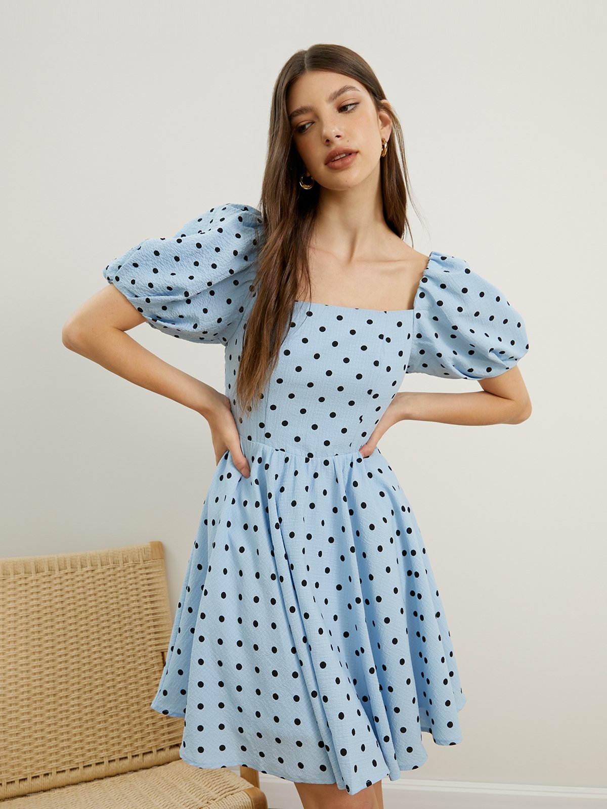 Mini Puffed Sleeve Polka Dot Dress Blue Pomelo Fashion