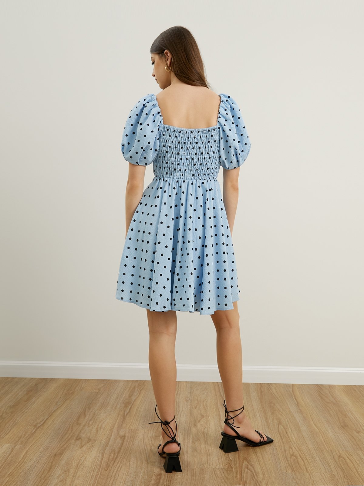 Mini Puffed Sleeve Polka Dot Dress Blue Pomelo Fashion