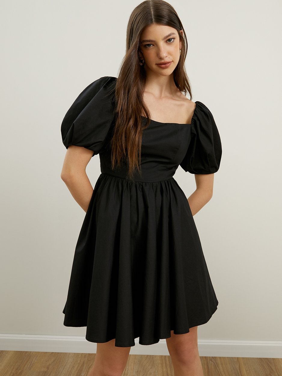 Mini Puffed Sleeve Dress - Black - Pomelo Fashion Mini Puffed Sleeve Dress - Black - Pomelo Fashion