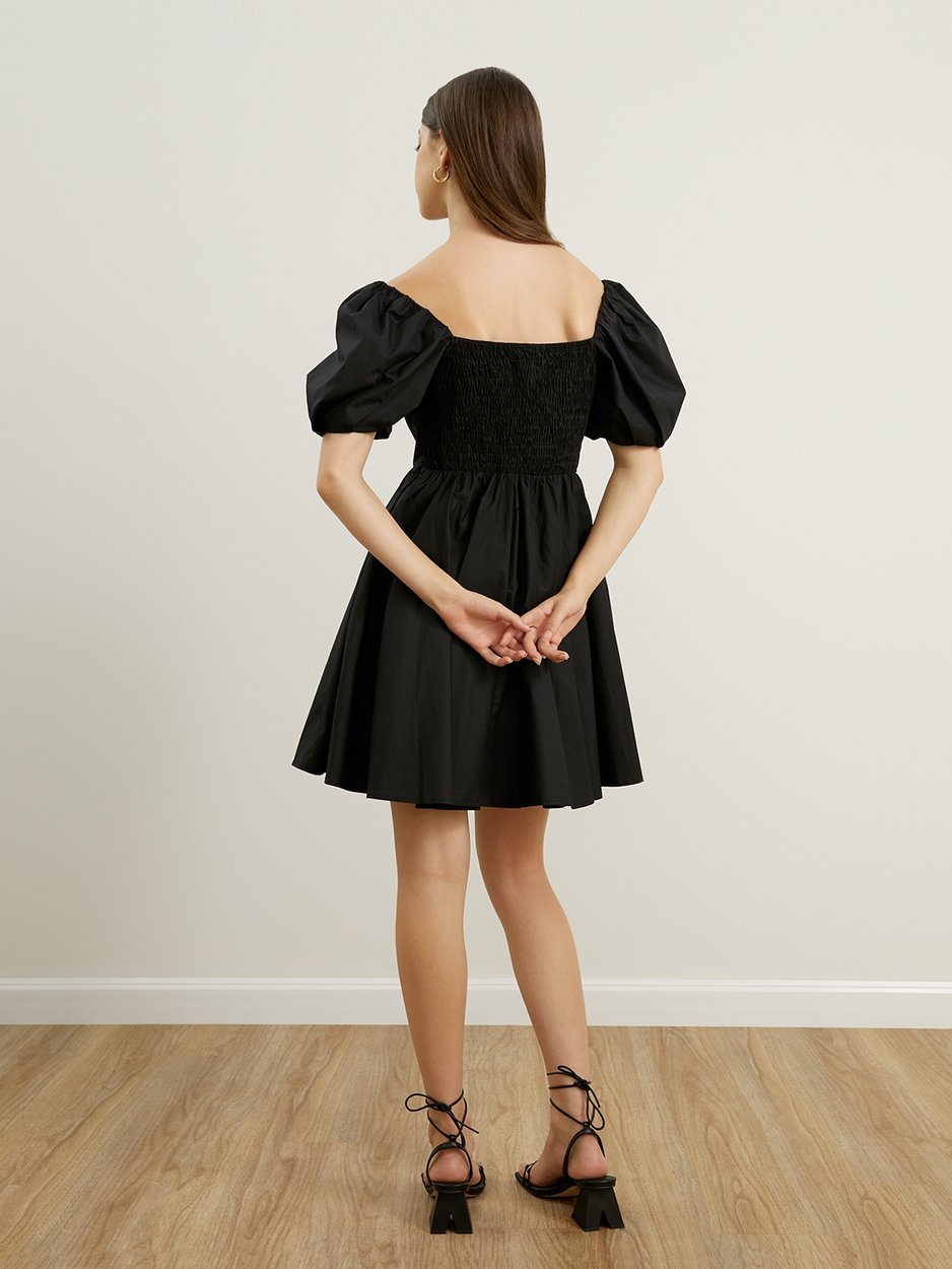Mini Puffed Sleeve Dress - Black - Pomelo Fashion Mini Puffed Sleeve Dress - Black - Pomelo Fashion