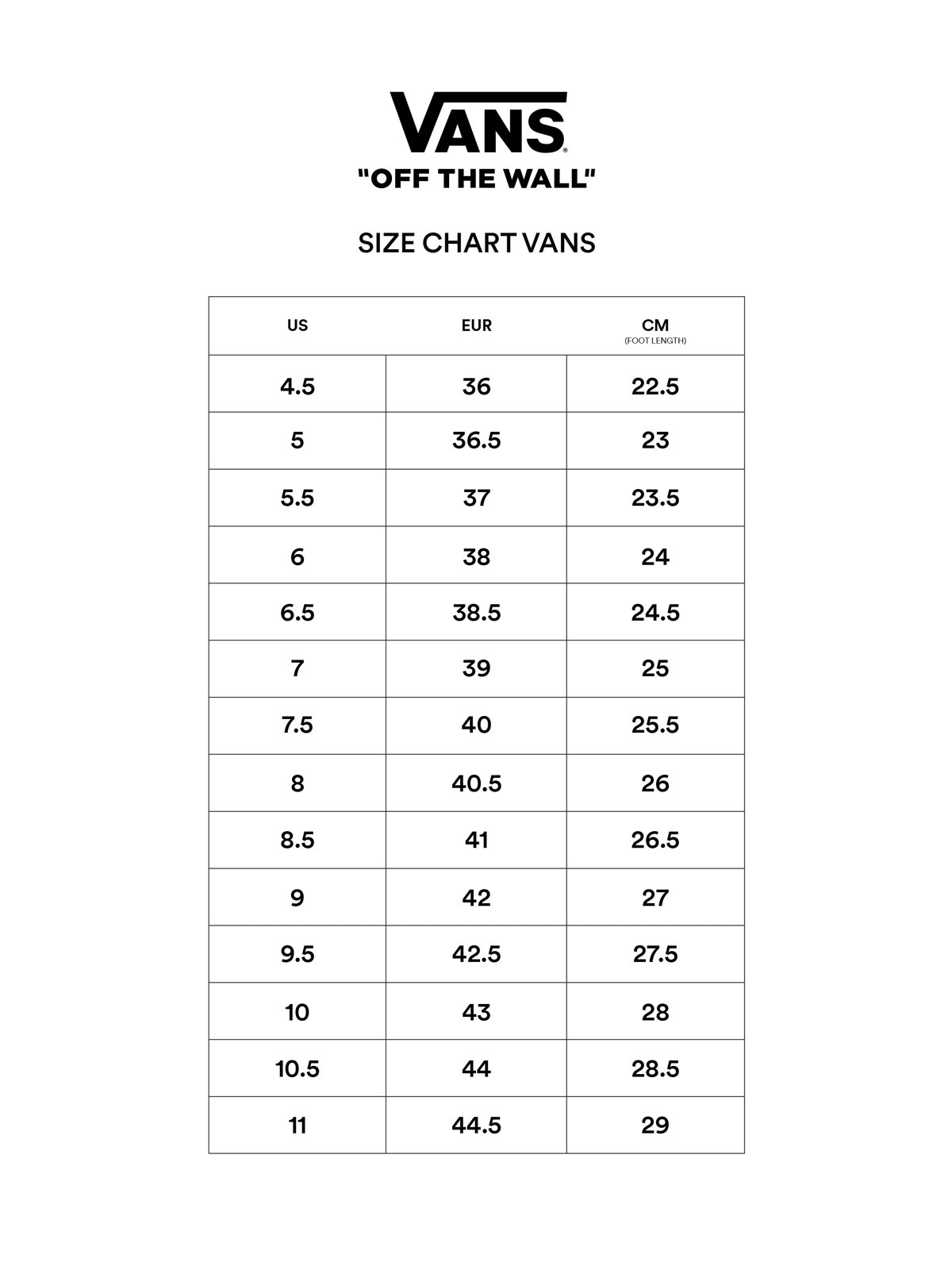 Size chart vans old skool store