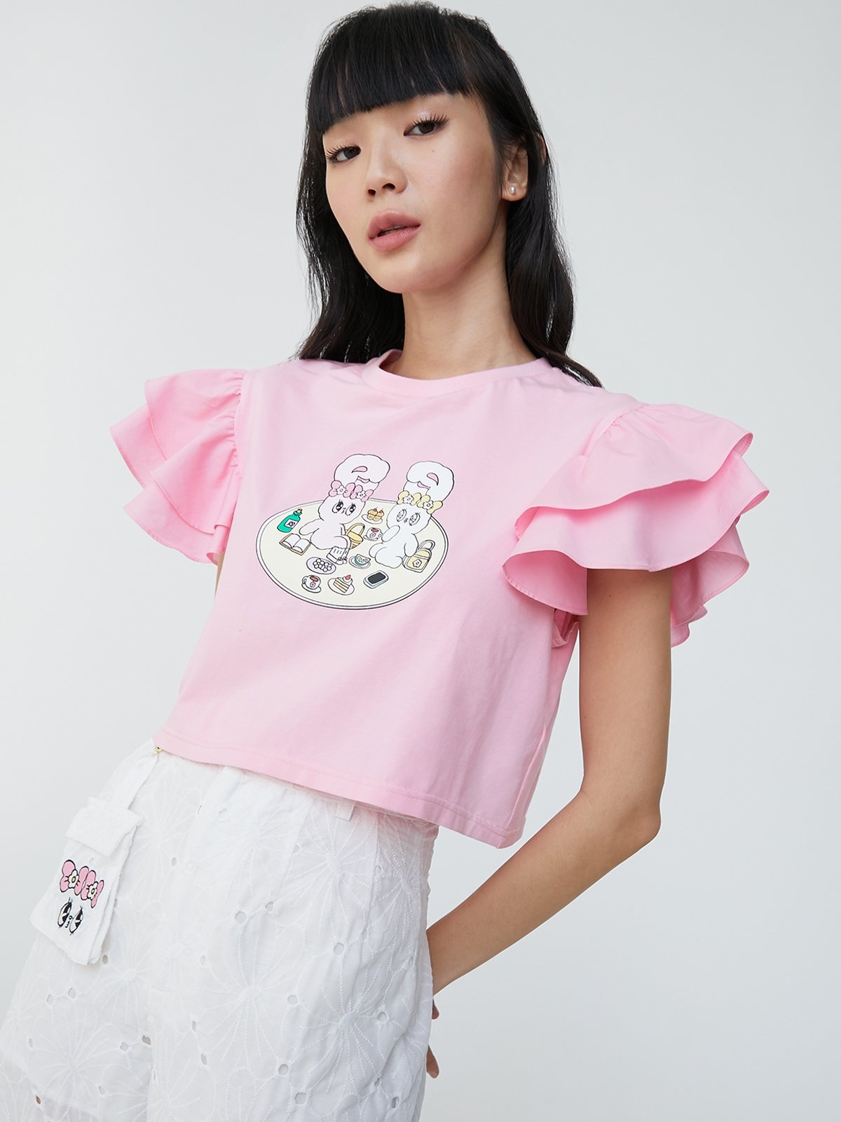 Pomelo x Esther Bunny Sustainable Ruffled Graphic Printed TShirt