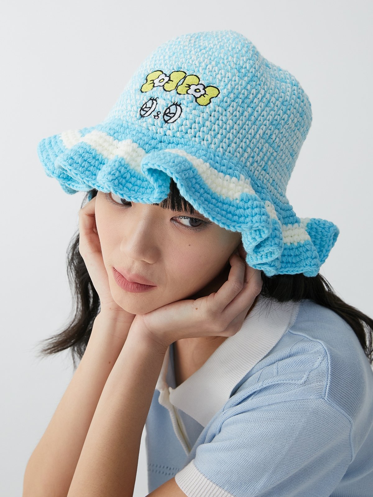 Pomelo x Esther Bunny Character Embroidered Bucket Hat Blue Pomelo