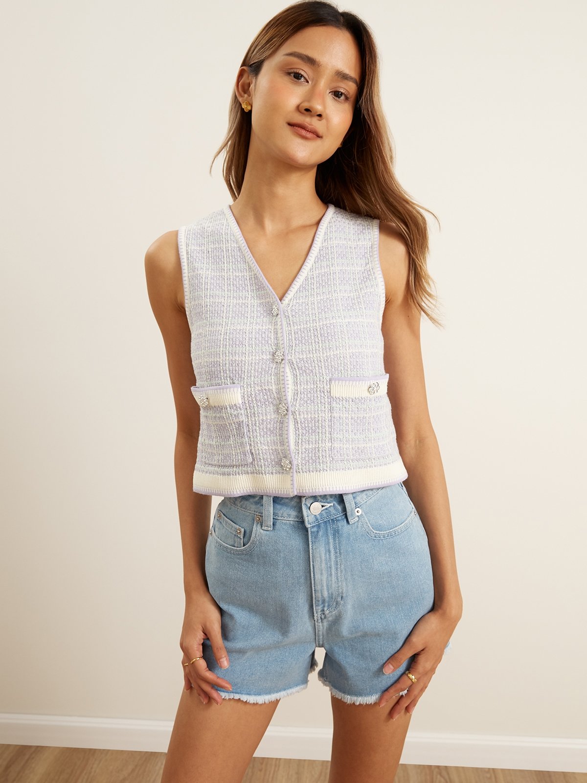 Lemon◡̈chimala | RACHEL KNIT PULL VEST Rhinestone Button Plaid Print Vest - Lilac - Pomelo Fashion