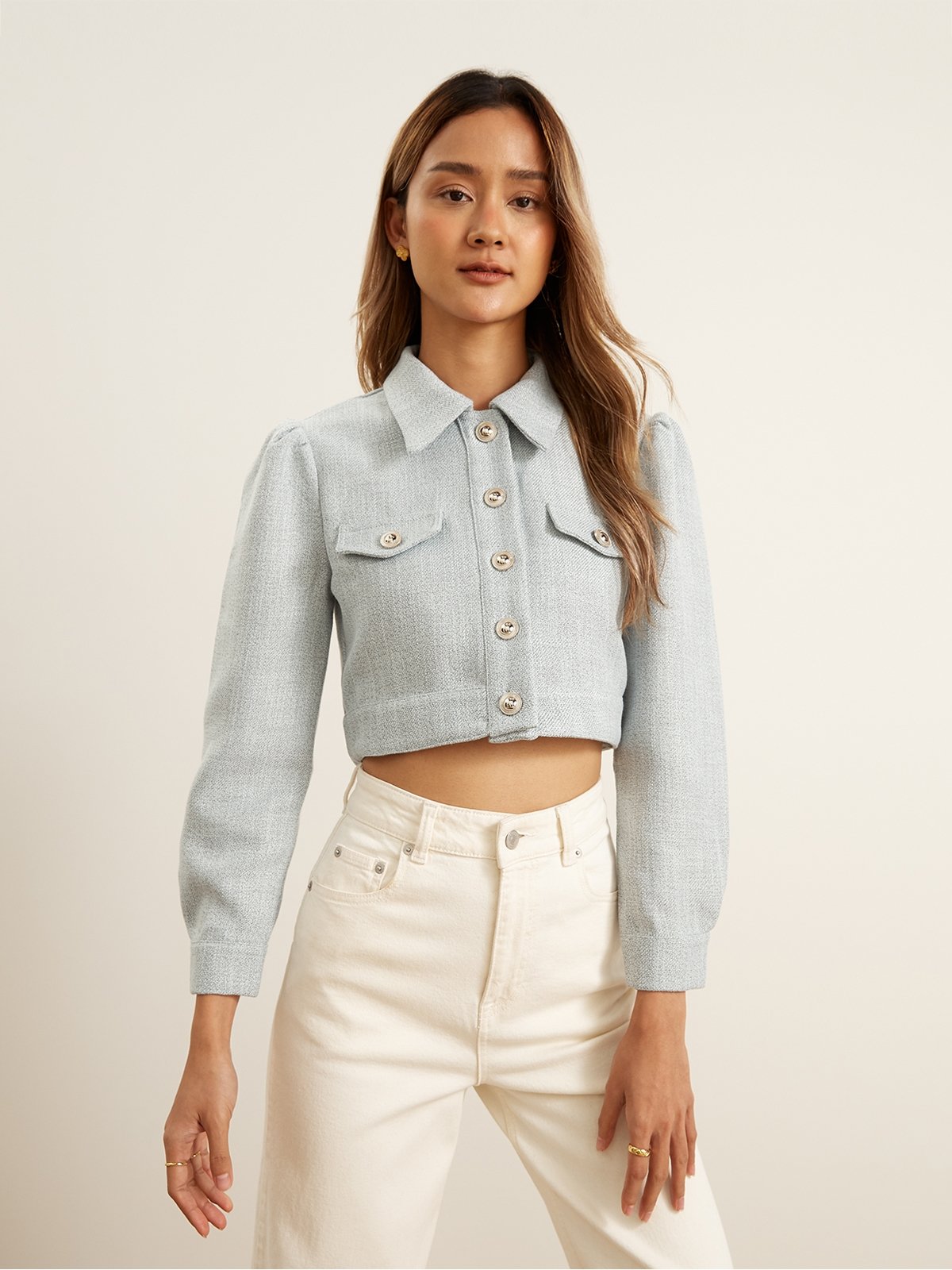 Button Long Sleeve Crop Jacket Blue Pomelo Fashion