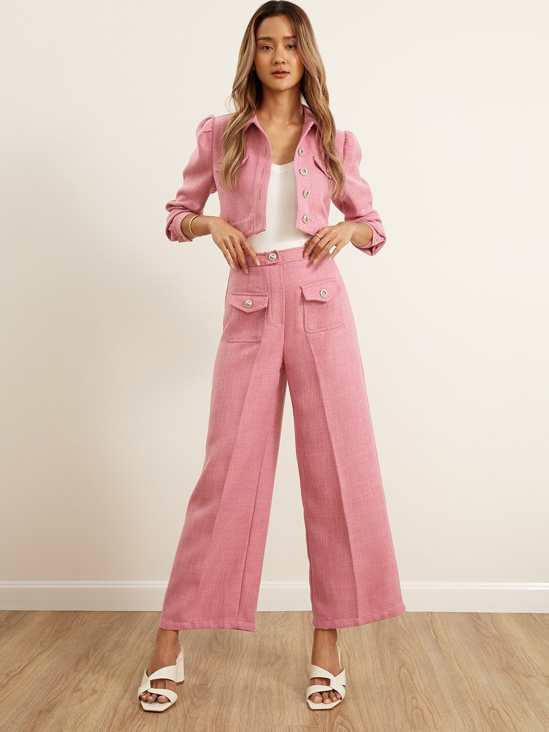 Rhinestone Button Wide Leg Pants - Pink - Pomelo Fashion
