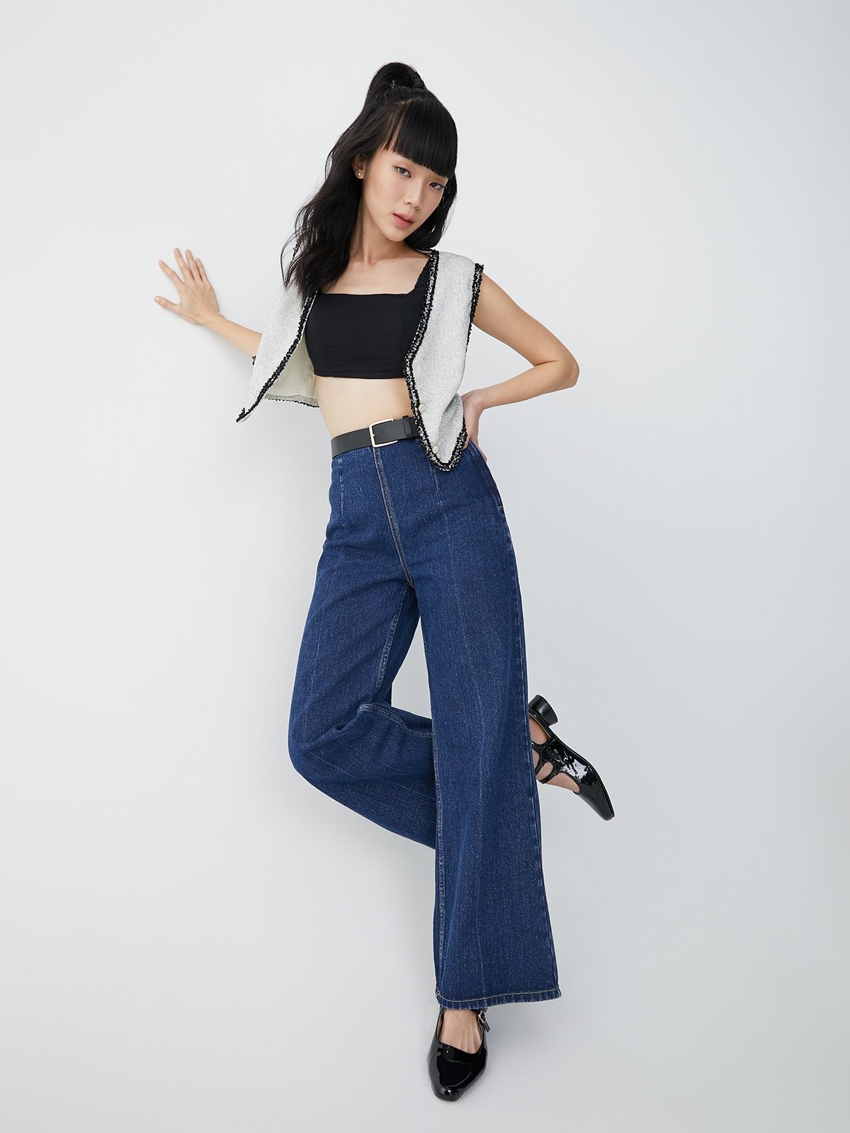 High Waist Wide Leg Jeans - Dark Blue - Pomelo Fashion