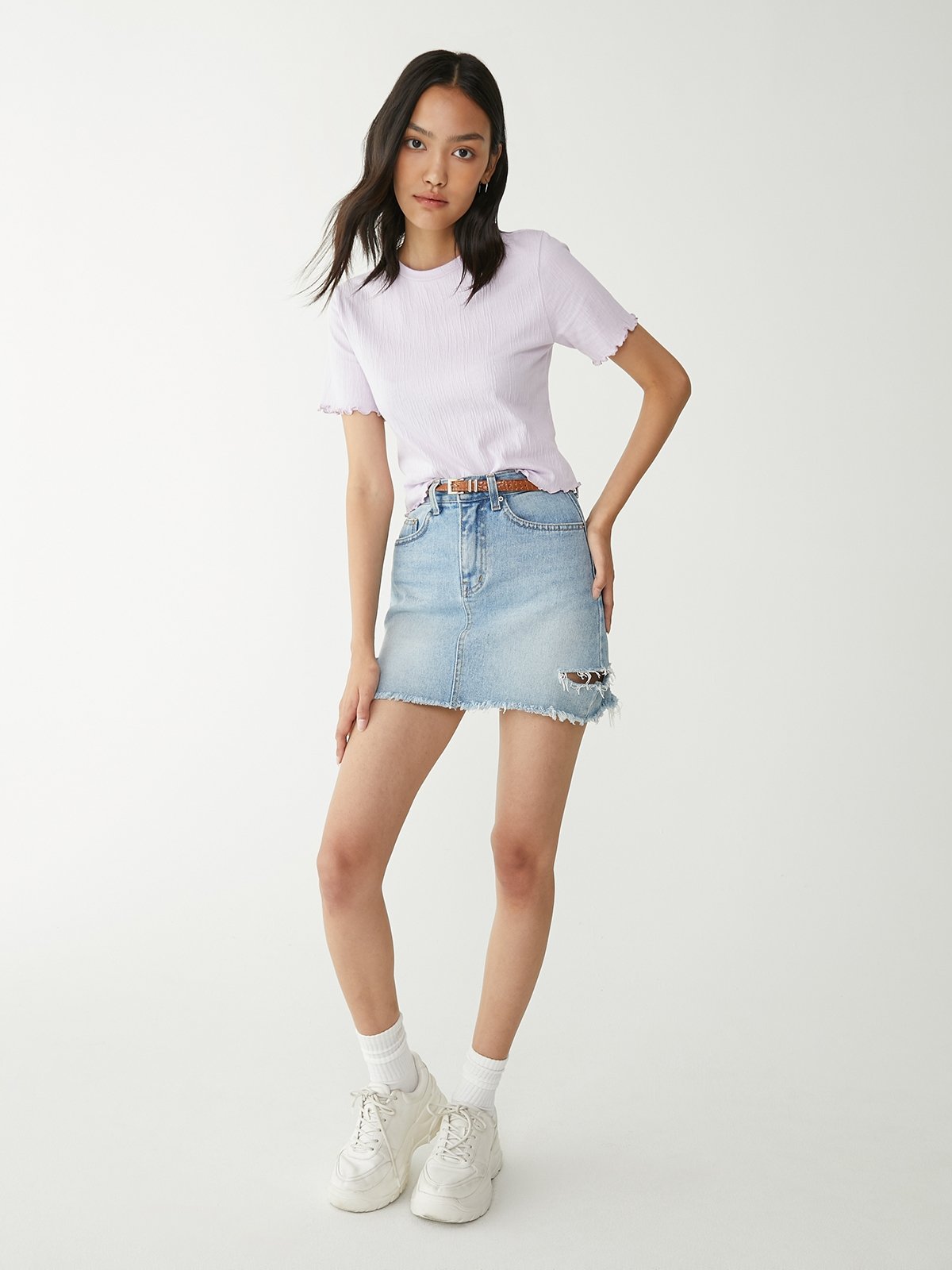 Sustainable Ruffled Trim Crop T-Shirt - Lavender - Pomelo Fashion