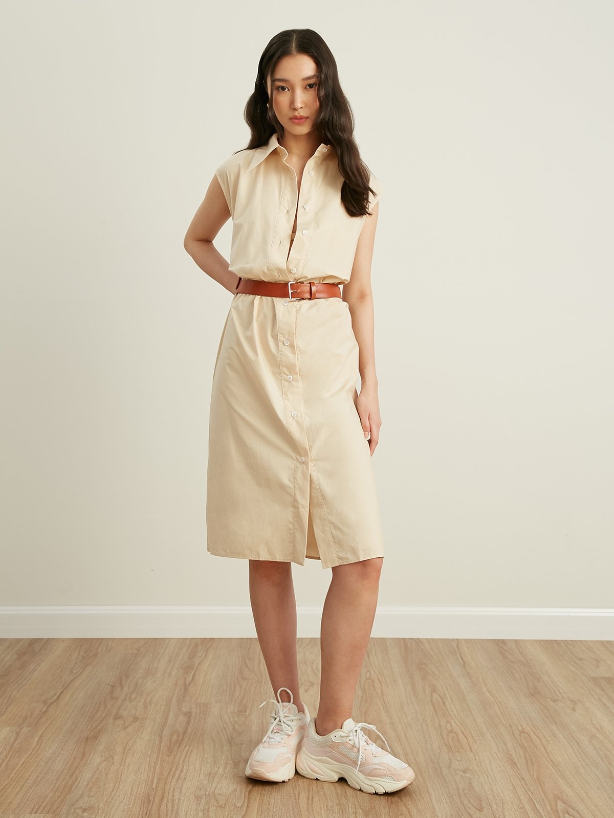Midi Shirt Dress - Beige - Pomelo Fashion