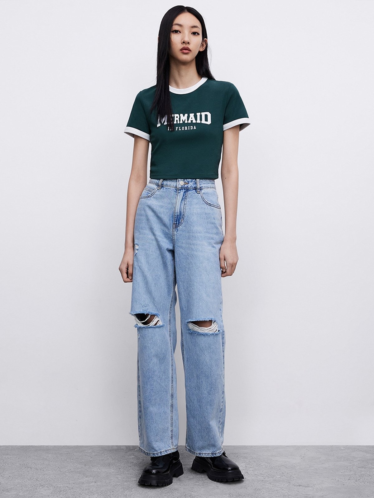 Ripped Straight Leg Jeans - Blue - Pomelo Fashion