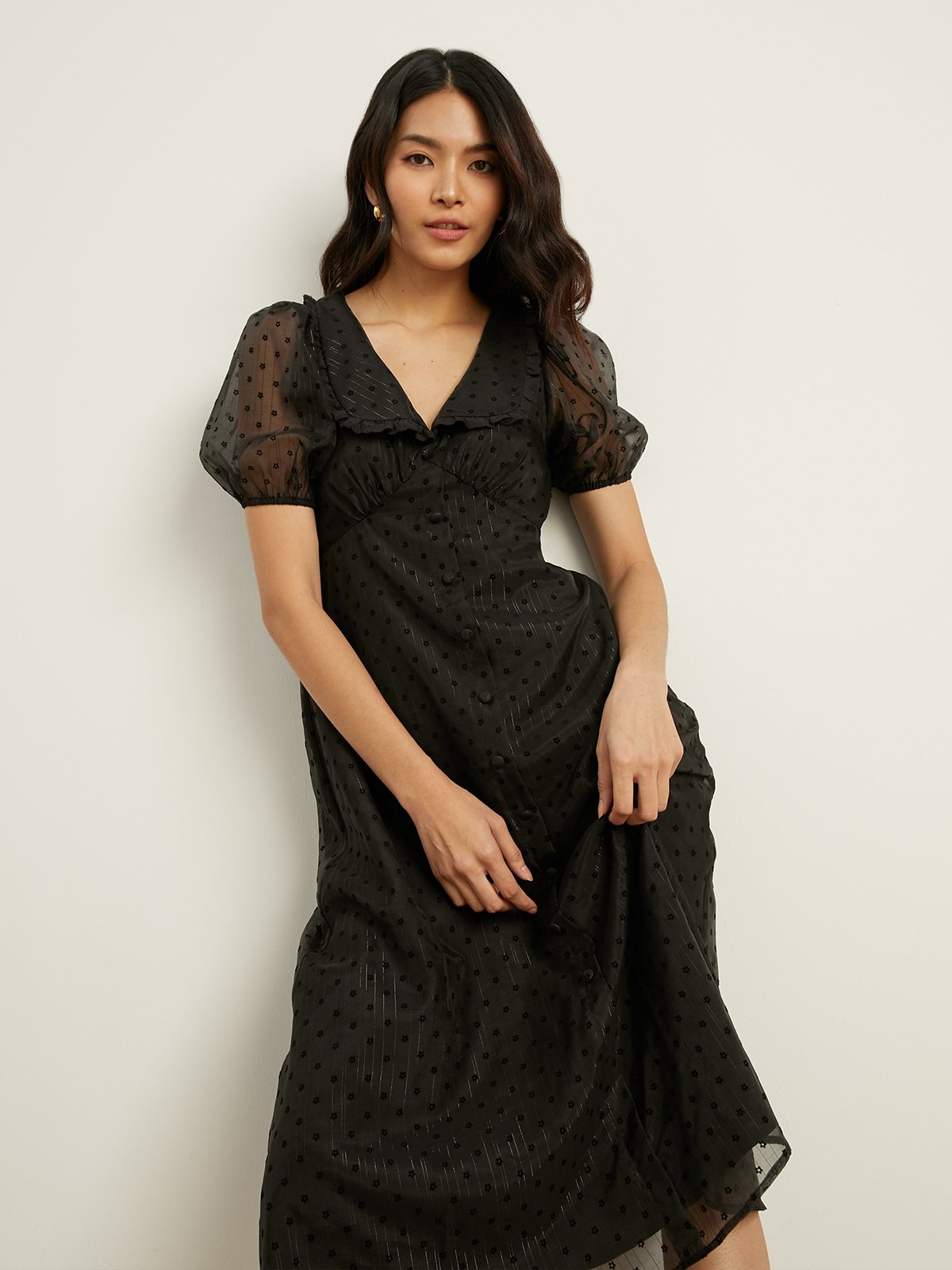 Puffed Sleeve Midi Dress Black Pomelo Fashion