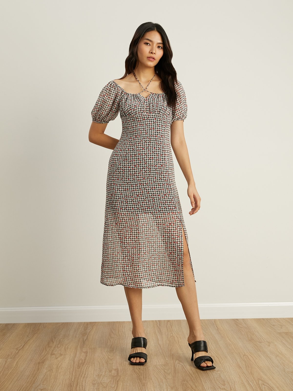 Checkered Floral Print Midi Dress Black Pomelo Fashion