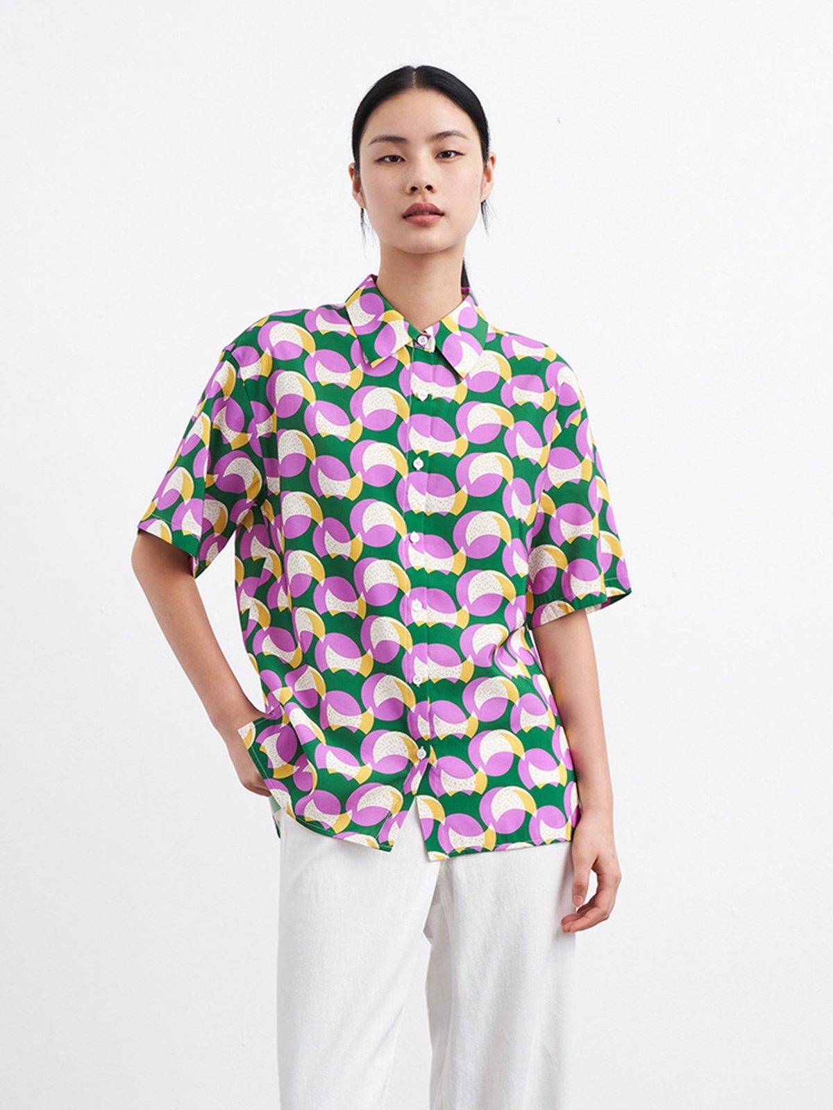 Geometric Print Shirt - Purple - Pomelo Fashion