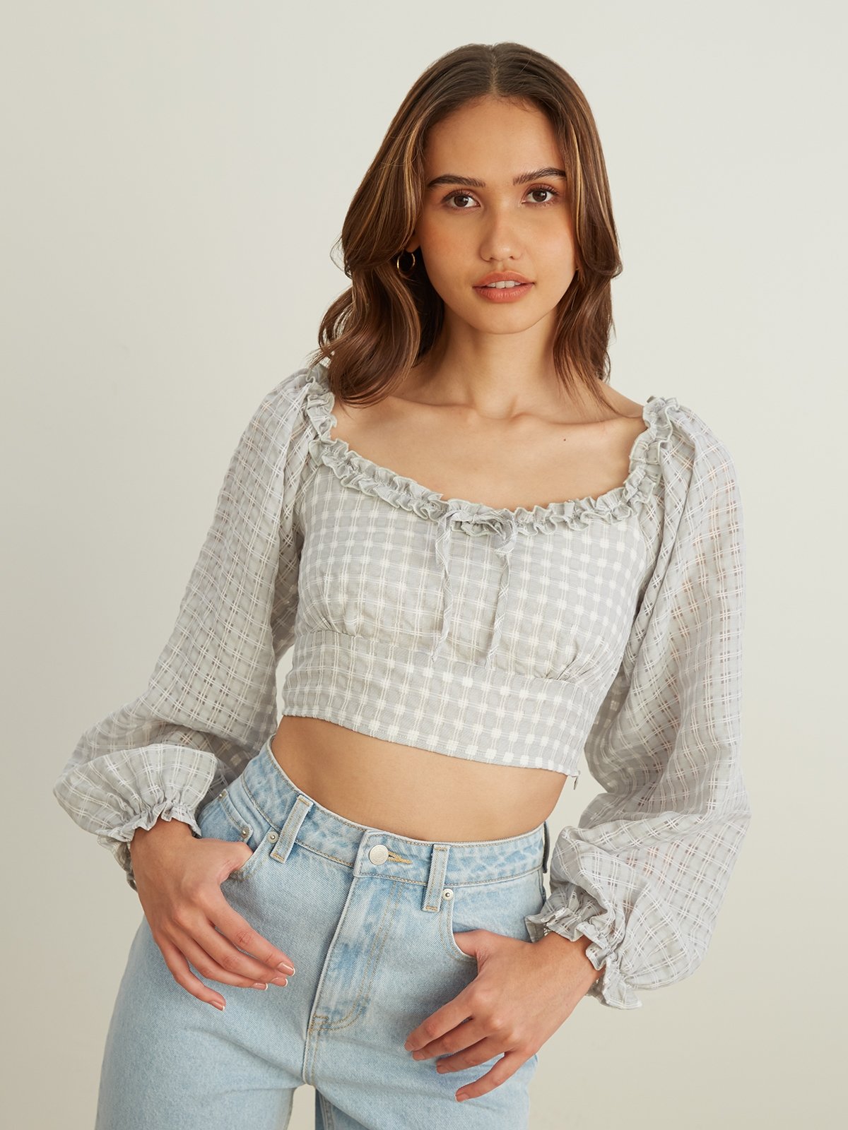 Gingham Long Sleeve Crop Top - Mid Grey - Pomelo Fashion