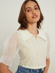 Mesh Sleeve Floral Crop Top Yellow Pomelo Fashion Mesh Sleeve Floral Crop Top Yellow Pomelo Fashion