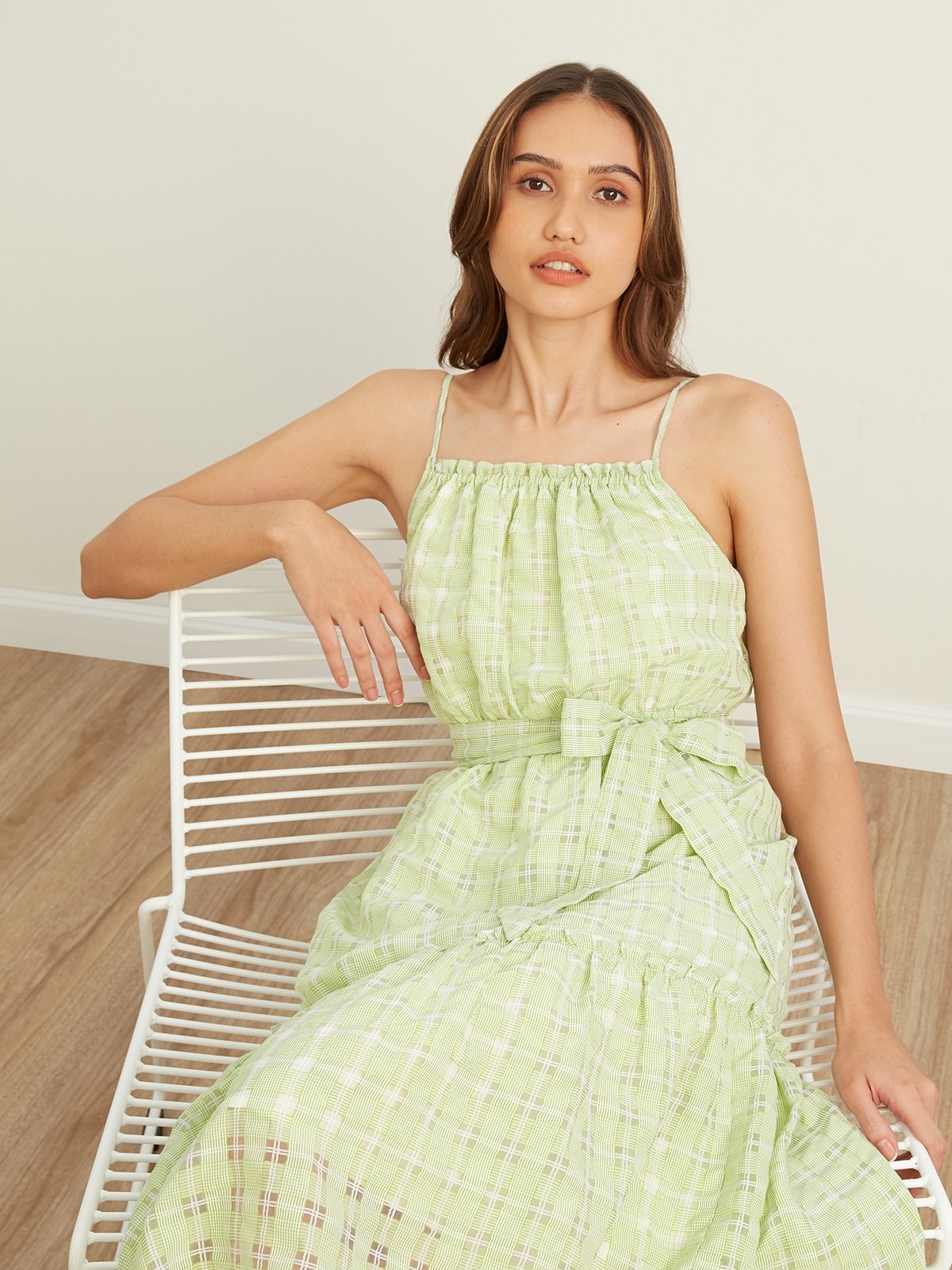Bow Tie Tiered Dress - Green - Pomelo Fashion