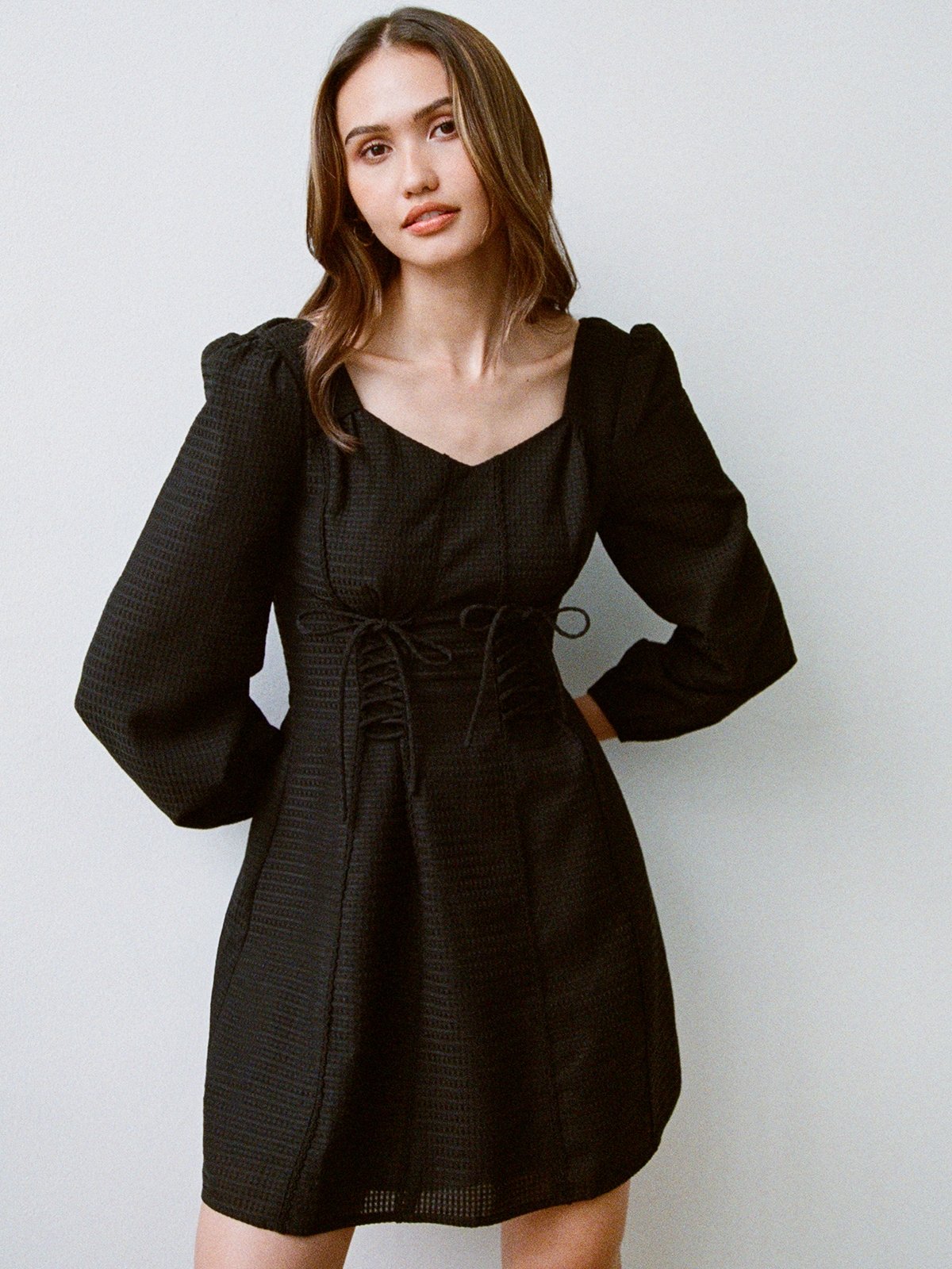 Long Sleeve Corset Mini Dress Black Pomelo Fashion