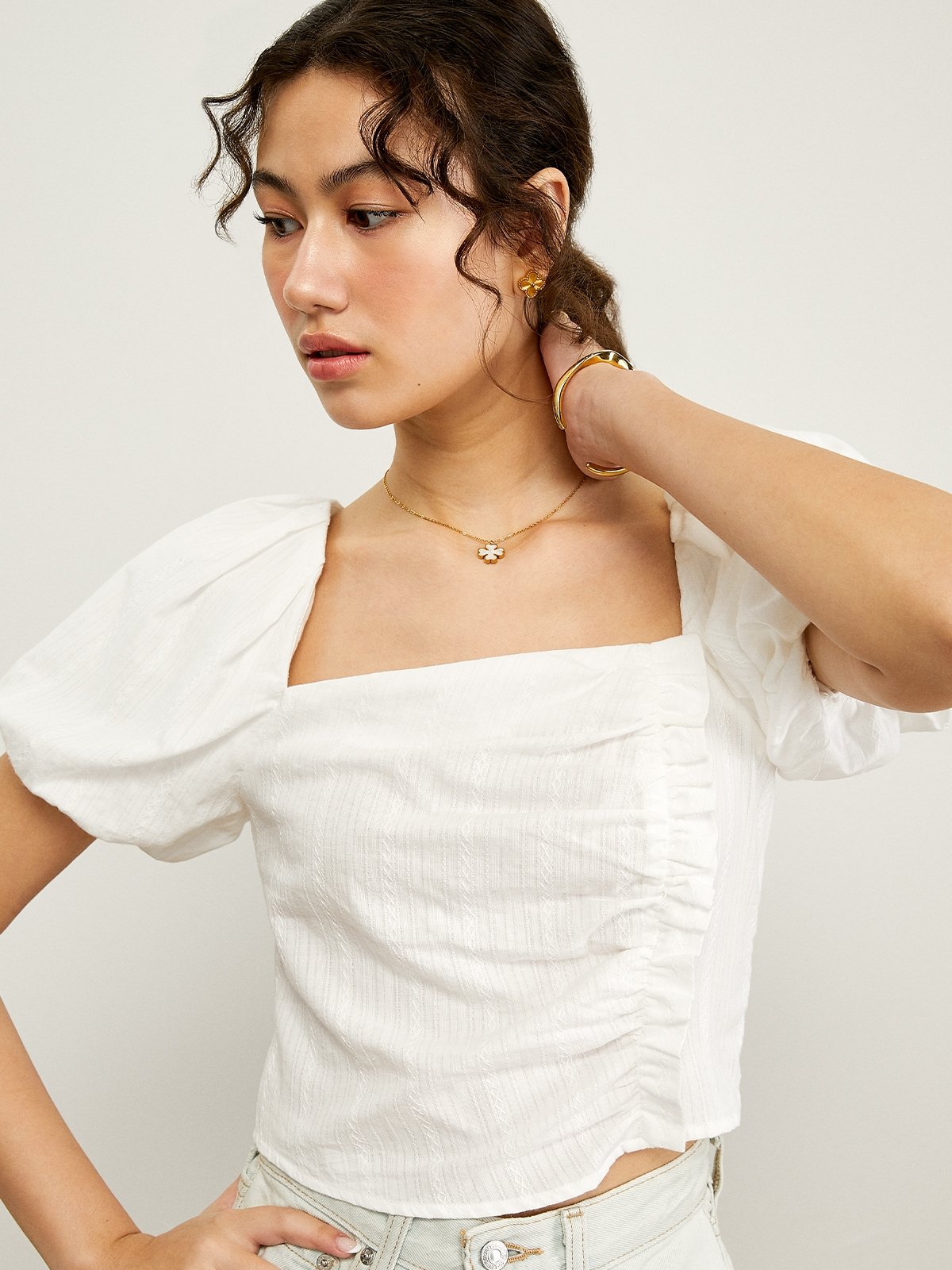 Side Ruffle Puff Sleeve Blouse White Pomelo Fashion