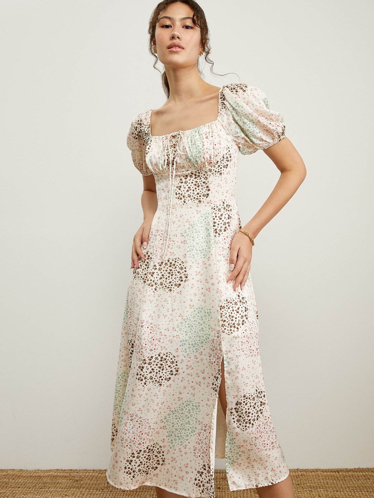 Puff Sleeve Ruched Midi Dress Beige Pomelo Fashion