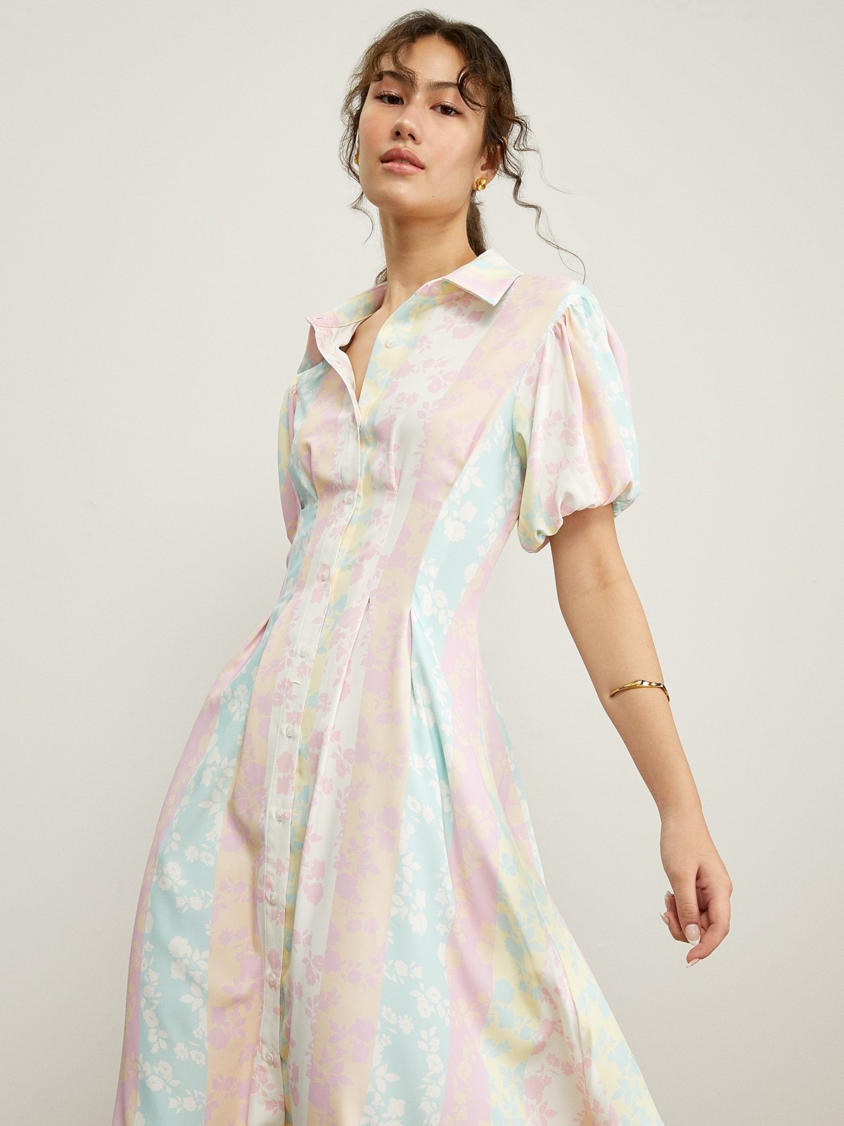 Puff Sleeve Collared Dress Multi Color Pomelo Fashion