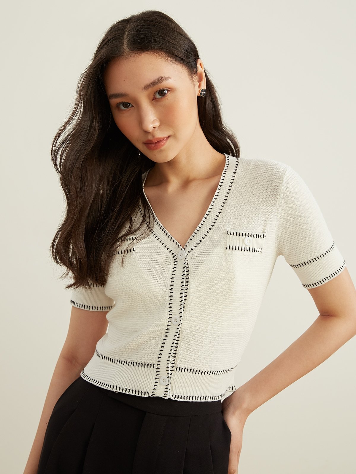 Knit Short Sleeve Cropped Cardigan White Pomelo Fashion