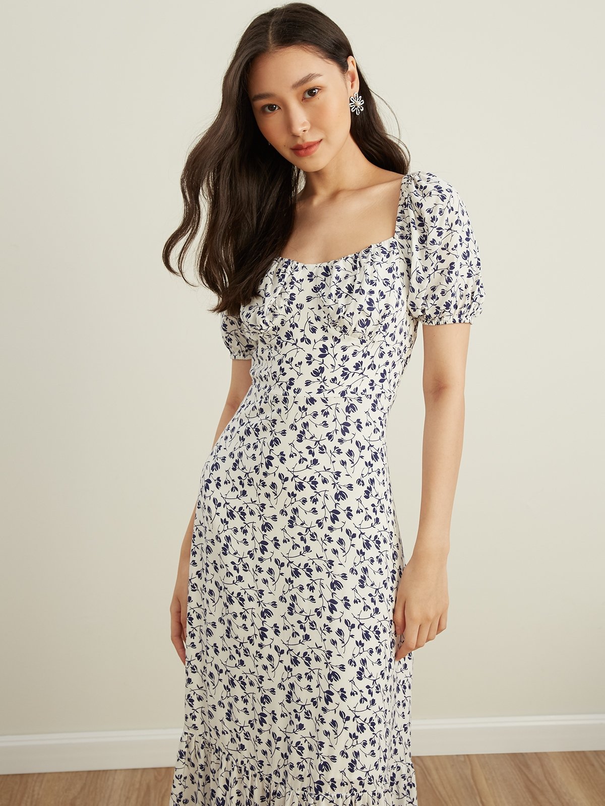 Floral Puffed Sleeve Midi Dress Blue Pomelo Fashion