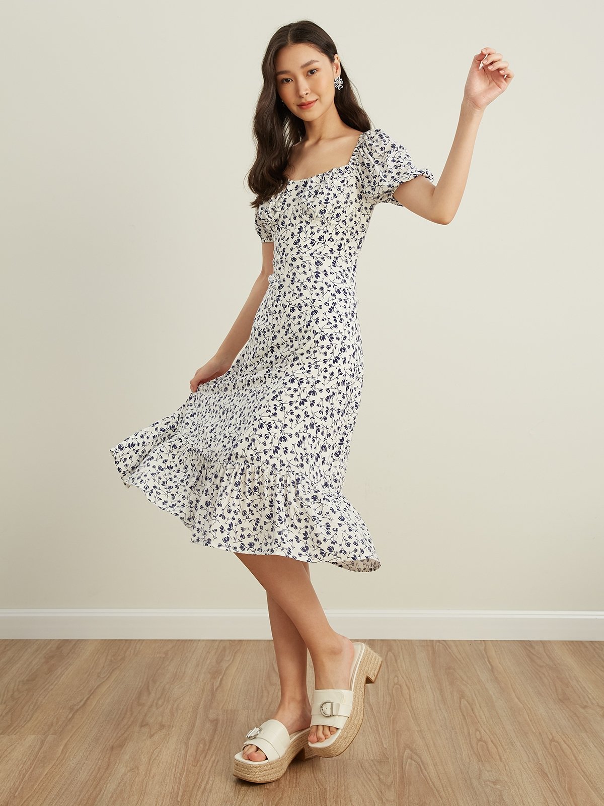 Floral Puffed Sleeve Midi Dress - Blue - Pomelo Fashion