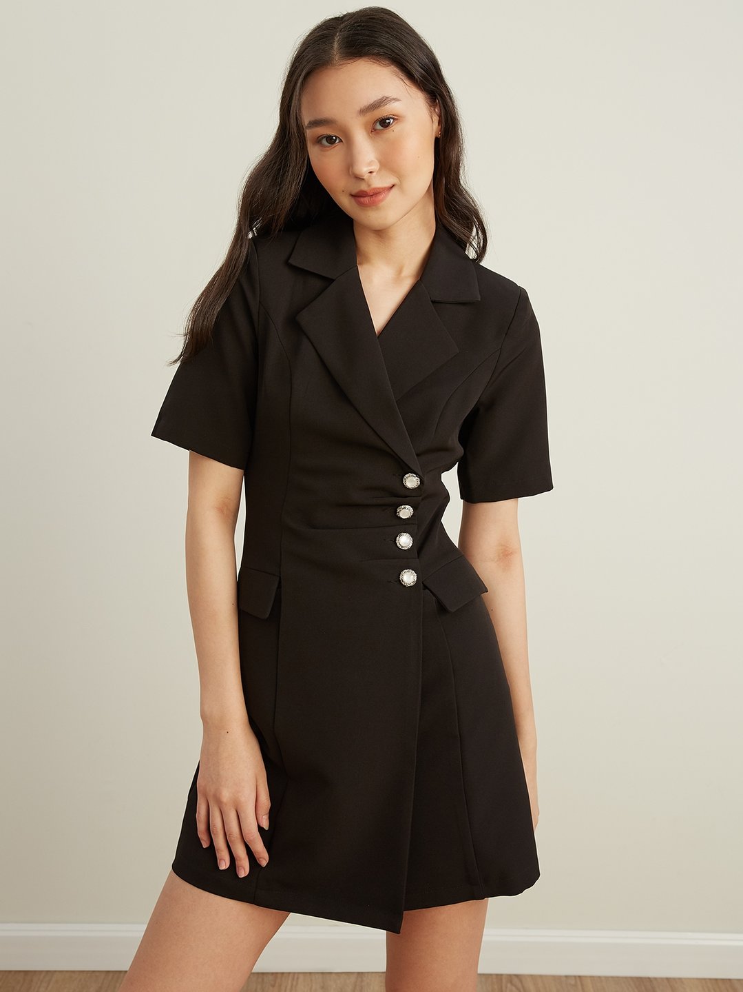 Short Sleeve Mini Blazer Dress - Black - Pomelo Fashion