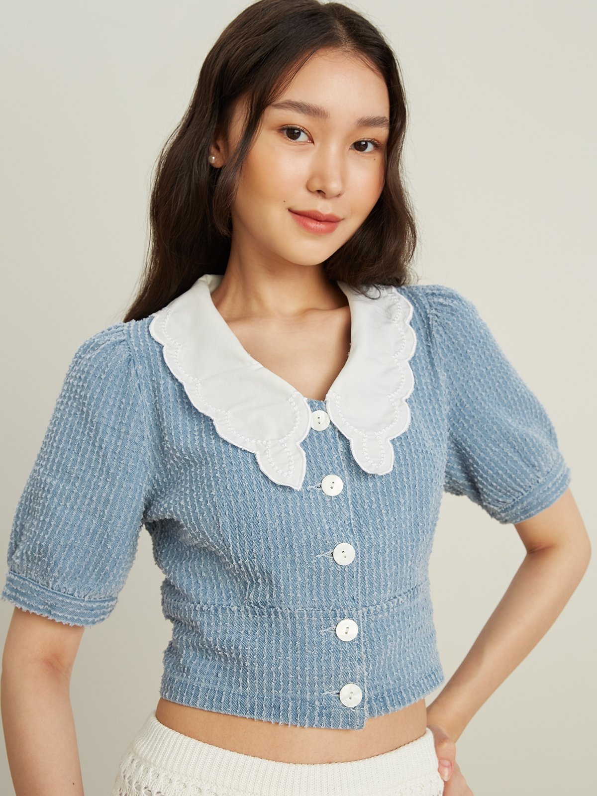Collared Puff Sleeve Top - Blue - Pomelo Fashion