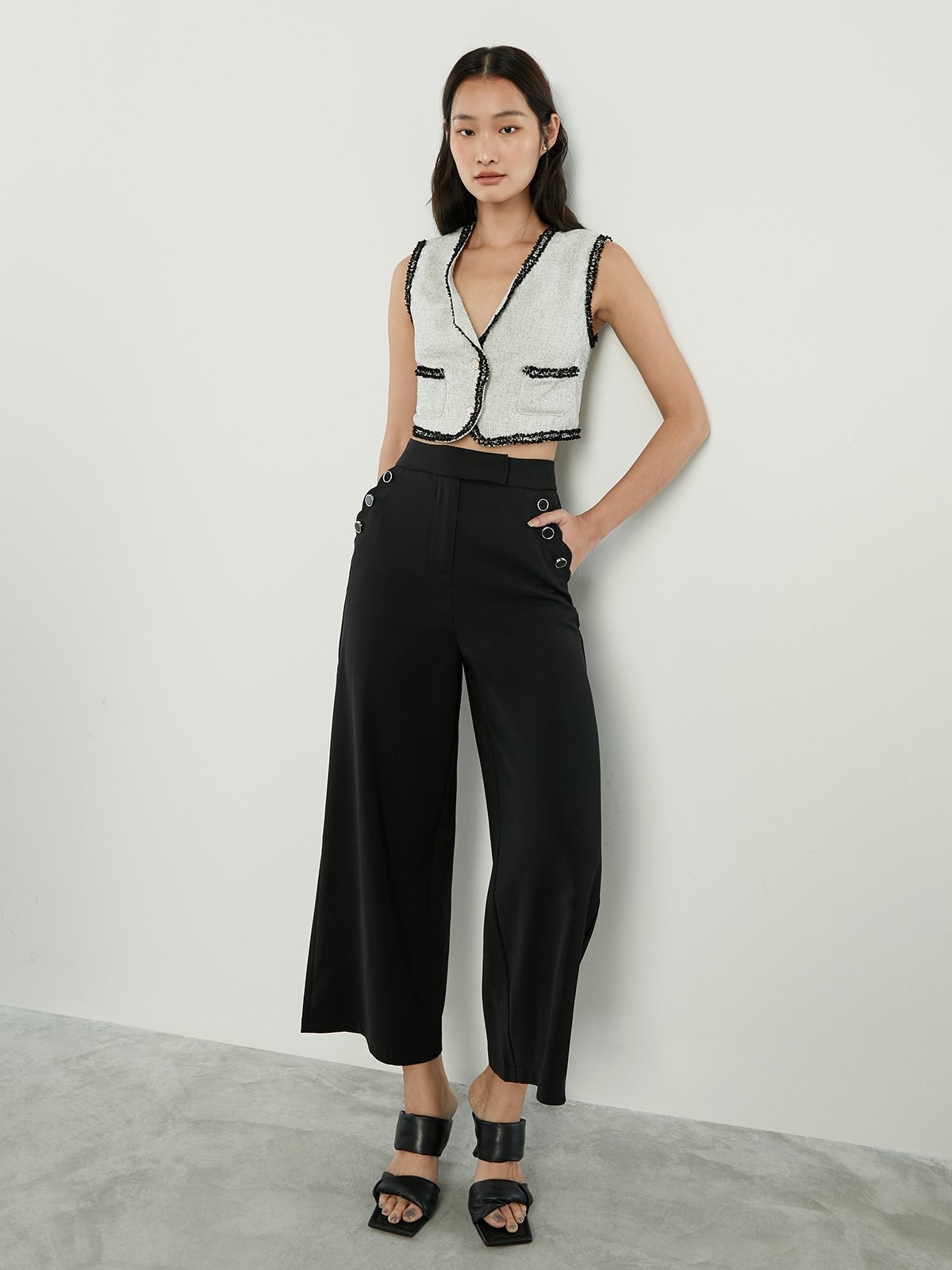 Black button wide leg trousers 2025