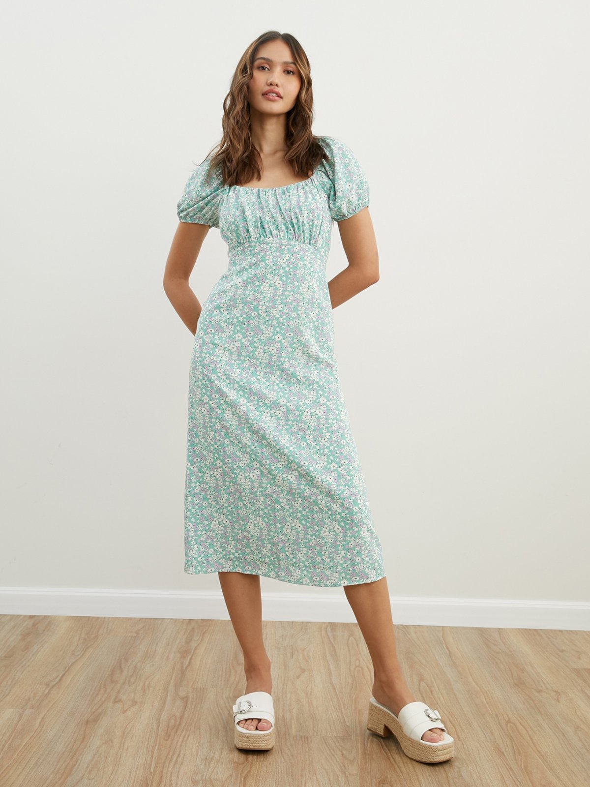 Floral Puffed Sleeves Midi Dress Green Pomelo Fashion
