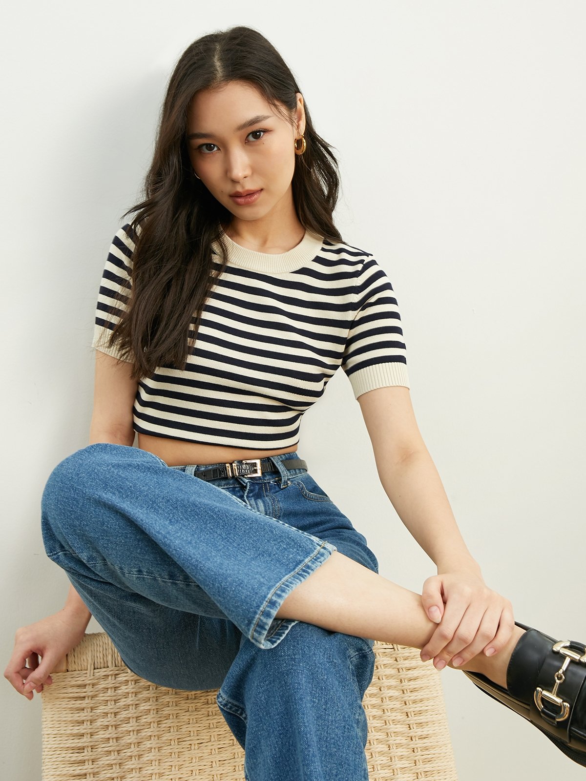 SO ME Stripe Short Sleeve Cropped Sweater main image 1