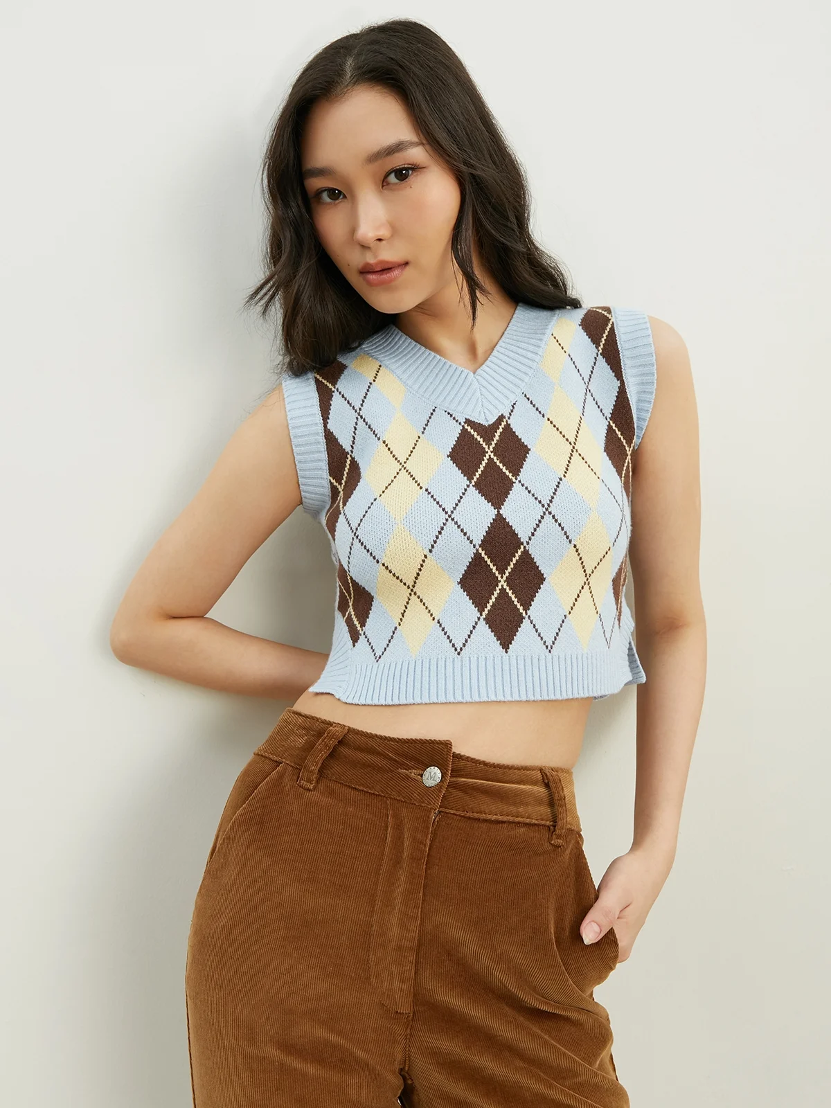 blue new wave printed rib ruched vest