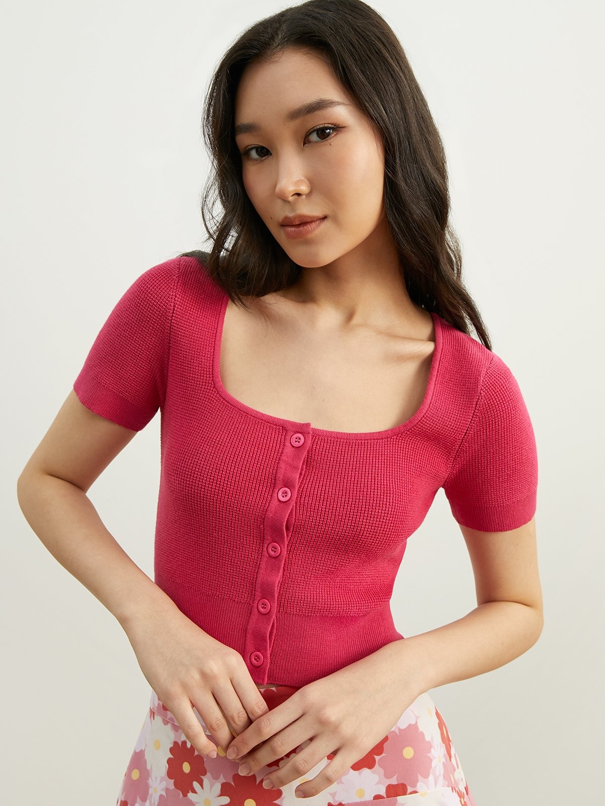 Knitted Crop Cardigan Hot Pink Pomelo Fashion uncommon-ground-kevin-earnest