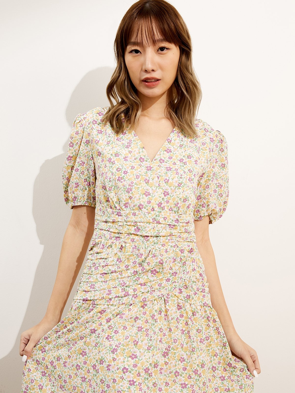 Floral Puffed Sleeve Mini Dress Purple Pomelo Fashion