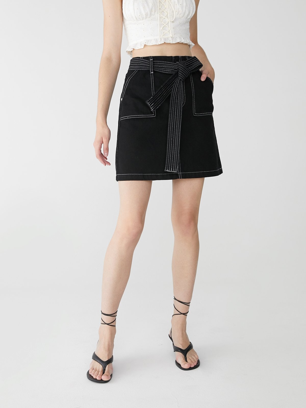 Black denim a line mini skirt top