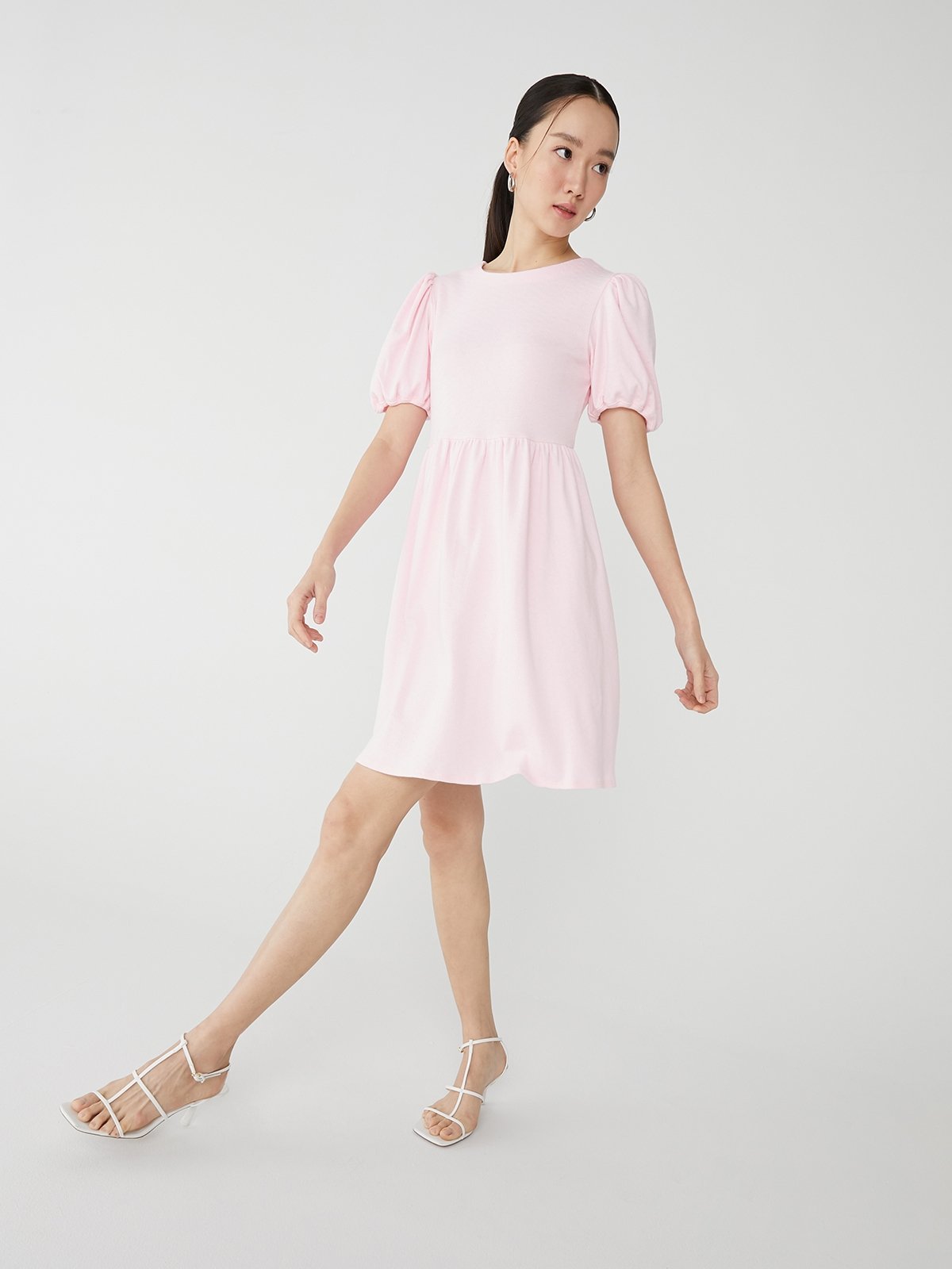 Knee Length Puffed Sleeve Dress Light Pink Pomelo Fashion